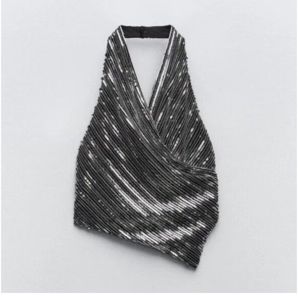 🪩ZARA Silver SEQUIN  Halter Top - Picture 8 of 8